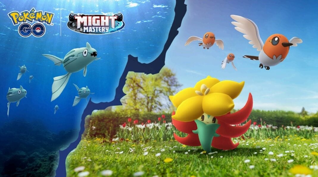 Banner for the Spring into Spring event showing a shoal of Remoraid under water, and a Gossifleur in a meadow with Fletchling flying in the sky