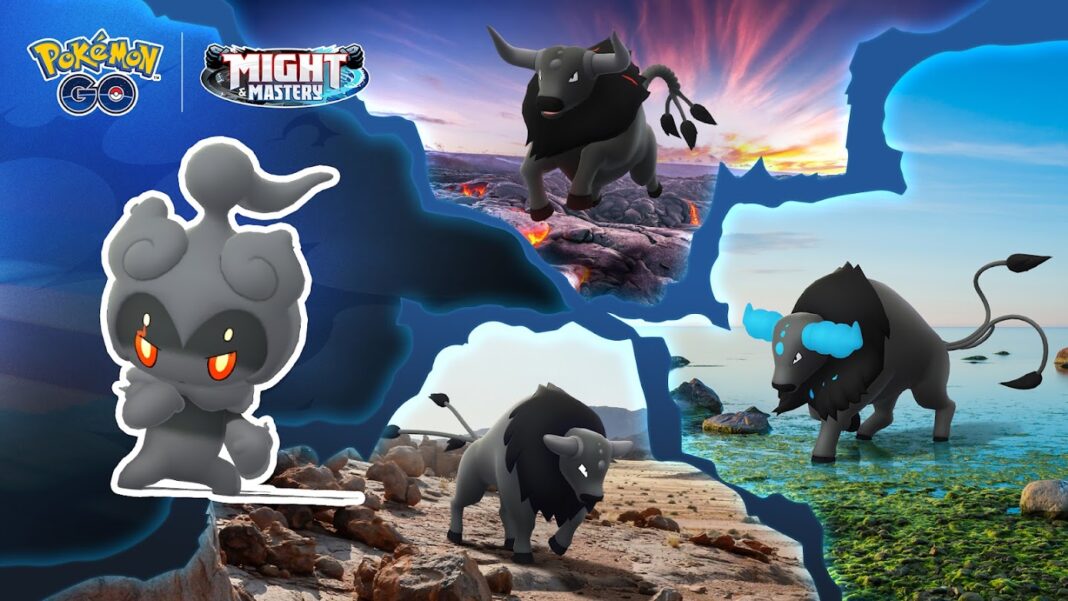 Stunning Styles event header featuring Marshadow and the three Paldean forms of Tauros
