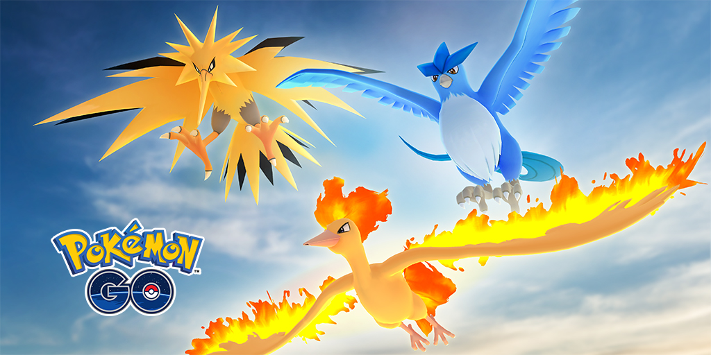 in a blue sky, Zapdos, Articuno and Moltres soar
