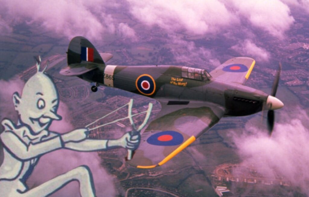 an aircraft being hit by a gremlin