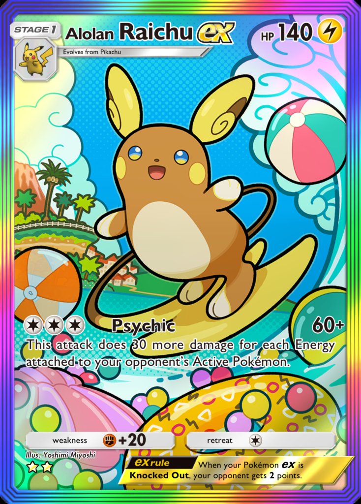 alolan raichu ex rainbow rare card from pokemon tcg pocket celestial guardians set