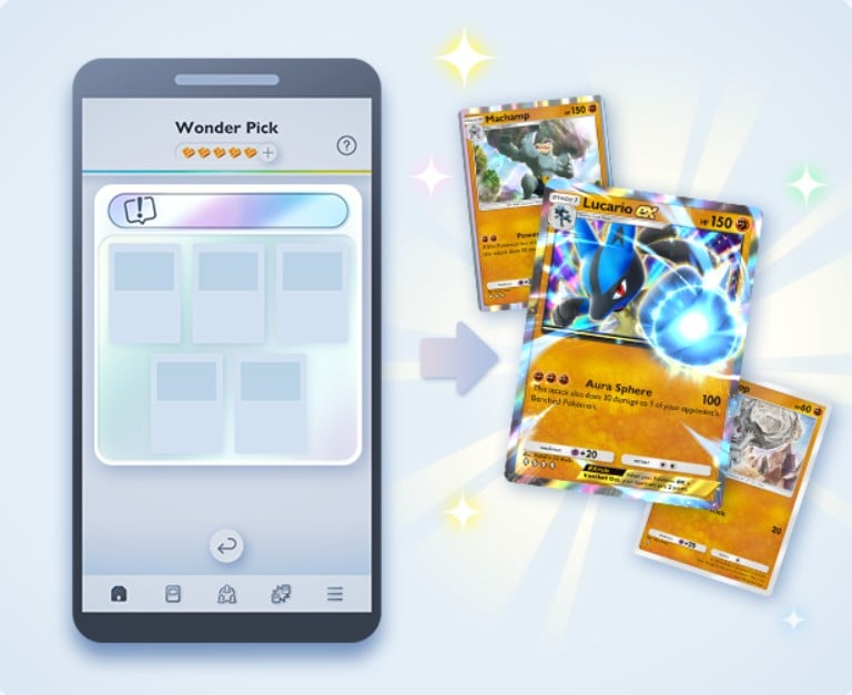 lucario ex, machamp and machop in pokemon tcg pocket fighting type mass outbreak event wonder pick