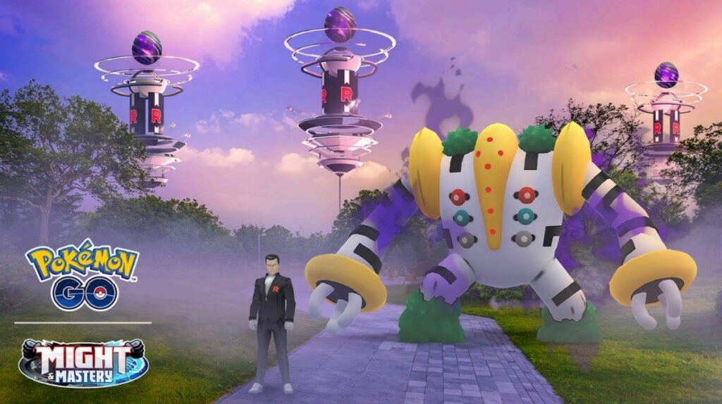 Shadow Regigigas looms among the shadows with Giovanni in front of gyms taken over by Team GO Rocket
