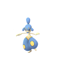 Medicham is a humanoid, bipedal Pokémon that resembles a yoga practitioner. It has a gray body with blue and yellow adornments. A red headpiece with three bulb-like extensions covers the upper portion of its head: one on top and one on either side. The bulb on top is short on a female Medicham. The headpiece slightly covers its large, focused eyes, and its blue lips seem to be in a rounded or puckered position. Its legs appear covered with puffy, blue pants with a large yellow spot on the knees and yellow bands next to the hips.