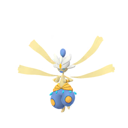 As Mega Medicham, its headpiece now resembles a white turban with a yellow stone in the center. The blue extension in the back is retained, and there are five yellow extensions on the turban, three extending from the stone and one on either side of its head. There is a gold band on each wrist and additional gold bands around its waist. Several blue, teardrop-shaped decorations hang from the lowest hip band. Mega Medicham has formed four ghost-like arms around itself using its enhanced willpower. This enhanced willpower can transform its spirit into a physical force. The more trained its spirit, the more realistic and dexterous its self-created arms become.