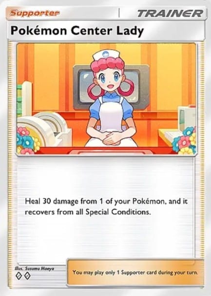 pokemon center lady trainer card from tcg pocket shining revelry set