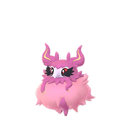 Aromatisse is a bipedal, semi-humanoid Pokémon. Its head and upper body are covered in fluffy purple fur or feathers. The exact hue varies: they are vivid purple in the official art, and pinkish-purple in all other appearances of the Pokémon. Around its lower body is an even fluffier mass of pink fur, resembling a skirt. There is a black bow on its lower back. It has a pale blue-gray face with a small, curved beak or snout that resembles a mask worn by plague doctors or a masquerade mask. Its eyes are black with red sclerae and pupils and full black lashes. It has two wavy ears or tufts with yellow centers on its head. Each of its hands has three yellow claws, and it has paw-like feet with three toes.