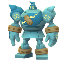Golurk is a bipedal automaton Pokémon resembling a suit of armor. It is mainly teal in color with yellow swirls on its shoulders and hands. It has a small head compared to its body, and pale yellow eyes, one of which turns to its left at the bottom, unlike Golett's eye, which turns right. There is a crack across the chest of the armor, which is patched diagonally with a brown seal resembling a belt. It has a crystal-like formation on each shoulder, and there are large bangles on its wrists and ankles. It has a Roman armor-like "skirt" and flat feet beneath. 