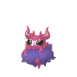 Aromatisse is a bipedal, semi-humanoid Pokémon. Its head and upper body are covered in fluffy pink fur or feathers. Around its lower body is an even fluffier mass of purple fur, resembling a skirt. There is a black bow on its lower back. It has a pale pink-gray face with a small, curved beak or snout that resembles a mask worn by plague doctors or a masquerade mask. Its eyes are black with yellow sclerae and pupils and full black lashes. It has two wavy ears or tufts with yellow centers on its head. Each of its hands has three yellow claws, and it has paw-like feet with three toes.