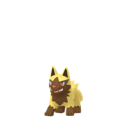 Poochyena is a quadrupedal Pokémon similar in appearance to hyenas and canines. Its body is primarily pale yellow with a brown face and throat, paws, and belly. Its eyes are red with blue sclerae, and it has a red nose. Its lower jaw has two pointed teeth sticking out. The fur at the base of its tail is rumpled and shaggy. Poochyena has brown paw pads on its three-toed paws.