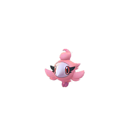 Spritzee is a pink, avian Pokémon. It has a rounded body and a pale blue-gray face. Most of its facial area is taken up by its curved beak, which somewhat resembles a plague doctor's mask. It has large red-orange eyes with long black lashes. On top of its head is a curly tuft of feathers or fur. It has small wings and purple feet with no visible digits.