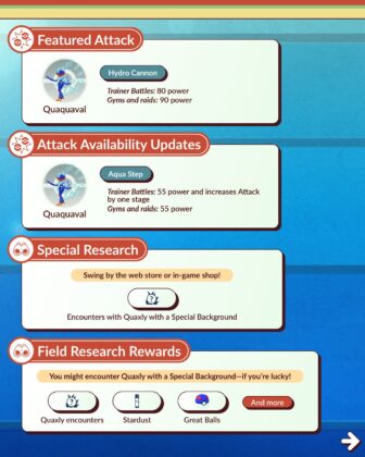 Pokémon GO Quaxly Community Day (July 2025) infographic page 2 showing exclusive moves