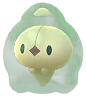 A round, split-bodied Pokémon with two brain-like sections fused inside a thick, green gel-like membrane. It has two small arms extending outward, each tipped with a three-fingered hand. Its face is central between the two inner lobes, with wide eyes and a small pink mouth. The inner body is pale green, resembling soft tissue suspended in gel.