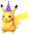 A smiling female Pikachu posed playfully, adorned with a purple party hat featuring a blue trim and pom-pom. Her tail has a heart-shaped tip, distinguishing her as female.
