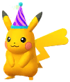 A shiny female Pikachu, gleaming with a deeper golden-yellow hue, playfully sporting a purple party hat trimmed in blue. Her tail ends in a heart shape, marking her as female.