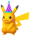 A rare, shiny male Pikachu with a slightly darker golden-yellow coat, wearing a celebratory purple party hat with blue accents. His tail has the straight-edged design indicating a male.