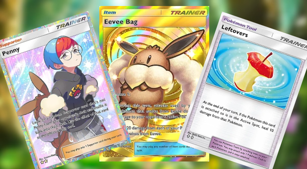 penny, eevee bag and leftovers trainer cards in pokemon tcg pocket eevee grove set
