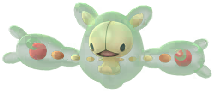 A fully developed, cell-like Pokémon with a thick, light green gelatinous body. Its inner form has a large head with wide eyes, a smiling mouth, and two stubby ears or tufts. Four limbs are suspended in the surrounding gel, with visible arms ending in large, hand-like structures with fingers. The entire body has a floating, embryonic appearance, as if suspended in fluid.
