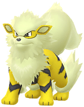 A golden-hued Arcanine with creamy yellow fur and stark black stripes, radiating a majestic and rare energy.