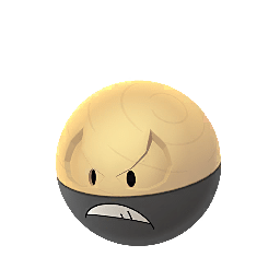 A shiny version of Hisuian Electrode with a grey-white upper half and deep blue lower half, maintaining its smooth wooden appearance and cheerful expression.