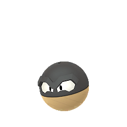 A shiny variant of Hisuian Voltorb with a wooden texture in grey and dark navy tones, featuring glowing blue eyes.