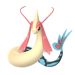 A majestic, serpentine Pokémon with a cream-coloured body and long, elegant pink antennae extending from its head. Its blue tail fins feature striking red and blue fan-like scales, and the eyebrow crests are slightly shorter than the female’s.