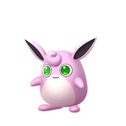 Shiny Wigglytuff is a balloon-like Pokémon with leporine features, a bean-shaped body and stubby arms and legs. A fluffy, curled tuft of fur on its head is described as perfectly heavenly. It has long, rabbit-like ears with black insides and a slightly lighter color at the tips. Its large, green eyes are covered in tears that quickly wash away debris. It is covered in pink fur with a white belly.