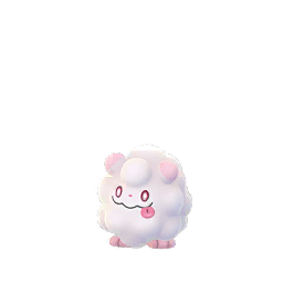 Swirlix is a small, round Pokémon covered with fluffy white fur. It has reddish-pink eyes with white pupils, round ears with light pink tips, a tiny reddish-pink nose, and is often seen with its tongue poking out of the corner of its mouth. When its mouth is open, two upper fangs can be seen. In between its ears is a more prominent tuft of fur. Poking out of the bottom of its fur is its light pink tail. Although Swirlix is typically depicted as levitating to move about, it has a pair of rear paws tucked up in its fur; when exposed, these paws appear to be light pink and have three toes each.