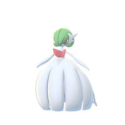 As Mega Gardevoir, it turns almost completely white; only its hair remains green. Its gown becomes longer and wider, resembling a bridal gown. The forearms are slightly thicker with a pointed extension above the elbow, resembling gloves. Its facial spikes are larger and now curl upwards. In contrast, its hair is now shorter and more tightly curled. There are now two horns in the center of its chest, extending to either side. These horns are said to be a physical manifestation of this Pokémon's heart, and it is able to use tremendous psychic power now that it is open.