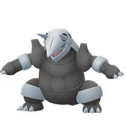 Aggron is a huge, bipedal Pokémon. It has a crusty, highly durable gray exoskeleton, adorned with plates of silver armor. The armor on its head has two pairs of holes with horns protruding from the foremost holes. Its forehead plating extends past its upper jaw in a small point. It has sky-blue eyes, and two nostril-like holes on the tip of its upper jaw. On the rim of its mouth are several pointed, fang-like protrusions and the nape of its neck and back have gray-silver armor sections. It has wide, blunt spikes on its shoulders and gray-silver bands on its arms and legs. Its hands and feet each have three claws. It has a thick, long, black tail that it can swing at enemies.
