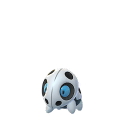 Aron is a quadrupedal Pokémon with four stubby legs and a large round head. Its body is black with plates of gray steel armor covering its head, back, and legs. Throughout its body are small openings in the armor. There are six openings on its head, with the largest two being openings for its pale blue eyes and one opening on either side of the spike on its back. A single, blunt spike protrudes from its back.