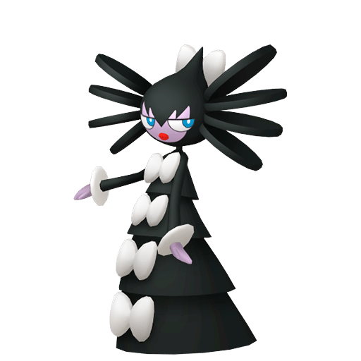 A tall, slender, humanoid black Pokémon styled like a gothic doll, with a tiered dress-like body and large white bows. It has blue eyes and long black hair.