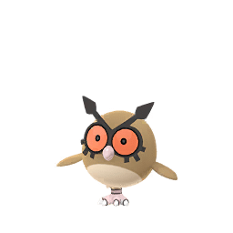 Hoothoot is an avian Pokémon that resembles an owl with a round body. Most of its feathers are brown, but its belly is cream-colored. It has large, red eyes; a small, pinkish beak; stubby wings; and a fan-like tail with three feathers. Encircling its eyes are black rings; the lower rims of each ring have three protrusions that resemble the teeth on a gear, while the upper rims have extensions that resemble the hands of a clock.