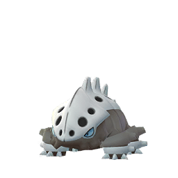 Lairon is a stocky, armored Pokémon with four short legs. Its body is dark gray, and its eyes are sky blue. Its back is covered with segments of iron armor, each with a high ridge and round dark holes on the sides. The sides of its lower jaw have several flat protrusions, and two teeth are visible in its mouth. There are two-pronged metal bands on its legs. The upper band is gray and the lower is silver.