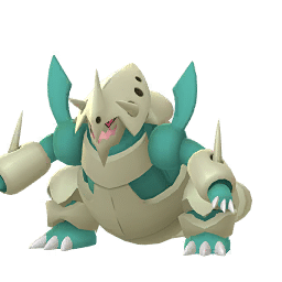 The same as Mega Aggron but with a green/grey body, bronze armour and red eyes.