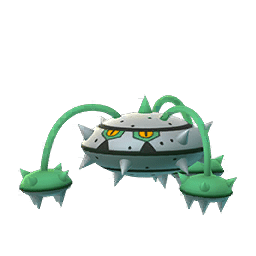 Ferrothorn is a Pokémon resembling a flattened durian. Its metallic body is covered in thorns, with three black stripes circling its width. The middle stripe has triangular shapes just below its eyes, which have green rims, yellow sclerae, and dark pupils. There is a green spike at the top of its body, and extending around it are its feelers, which are vine-like, long green appendages tipped with spiky metal disks.