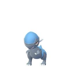 Cranidos is a gray, dinosaur-like Pokémon resembling the Pachycephalosaurus. It has a hooked beak, red irises, and a hard, blue, dome-shaped head with four spikes on its back. The hard skull is considered to be Cranidos's most distinguishing feature. It has stubby arms with three claws; despite the stubbiness, it can attack with them. The back half of its body has a large, spiky pattern of blue and it has a short tail. It has feet with three forward claws and one backward.