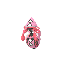 Tapu Lele is a vaguely butterfly-like Legendary Pokémon. Tapu Lele has a black upper body and head with a few small white markings. Its eyes are blue with a pink line through the middle of each iris. Below each eye is a curved white line and above each is a curved pink line separated into three segments. On its upper body is another, thicker curved white line. Its thin arms have digitless hands and puffy pink bracelets on each wrist. On top of its head is a mass of dark pink, tentacle-like hair. Two longer strands of hair frame its face. Encasing its dark pink lower body and on top of its head is a shell resembling an insect. Tapu Lele's shell is primarily light pink. The portion on top of its head is conical with a white diamond marking in the center and a white half-diamond marking below that. Both diamond shapes are framed in black. The shell around its lower body mirrors these diamond markings and has an additional half-diamond on the back. On each side is a hexagon marking consisting of five dark pink triangles and one light pink triangle all outlined in black. These resemble the compound eyes of many insects. There are also projections on the back of the shell that resemble butterfly wings and a small black bump on the bottom similar to a curled proboscis. When closed, the shell resembles a bug's head with small wings.