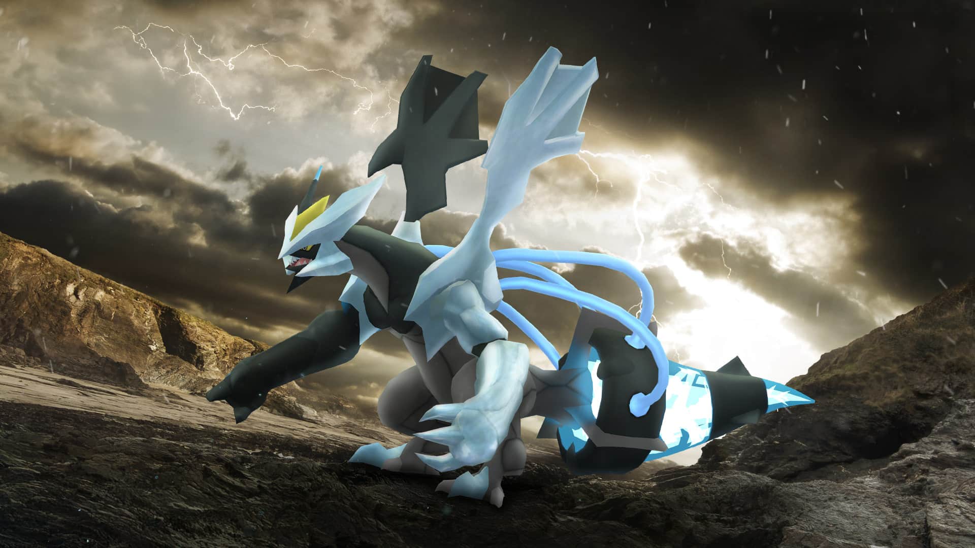 Black Kyurem standing in a yellow storm