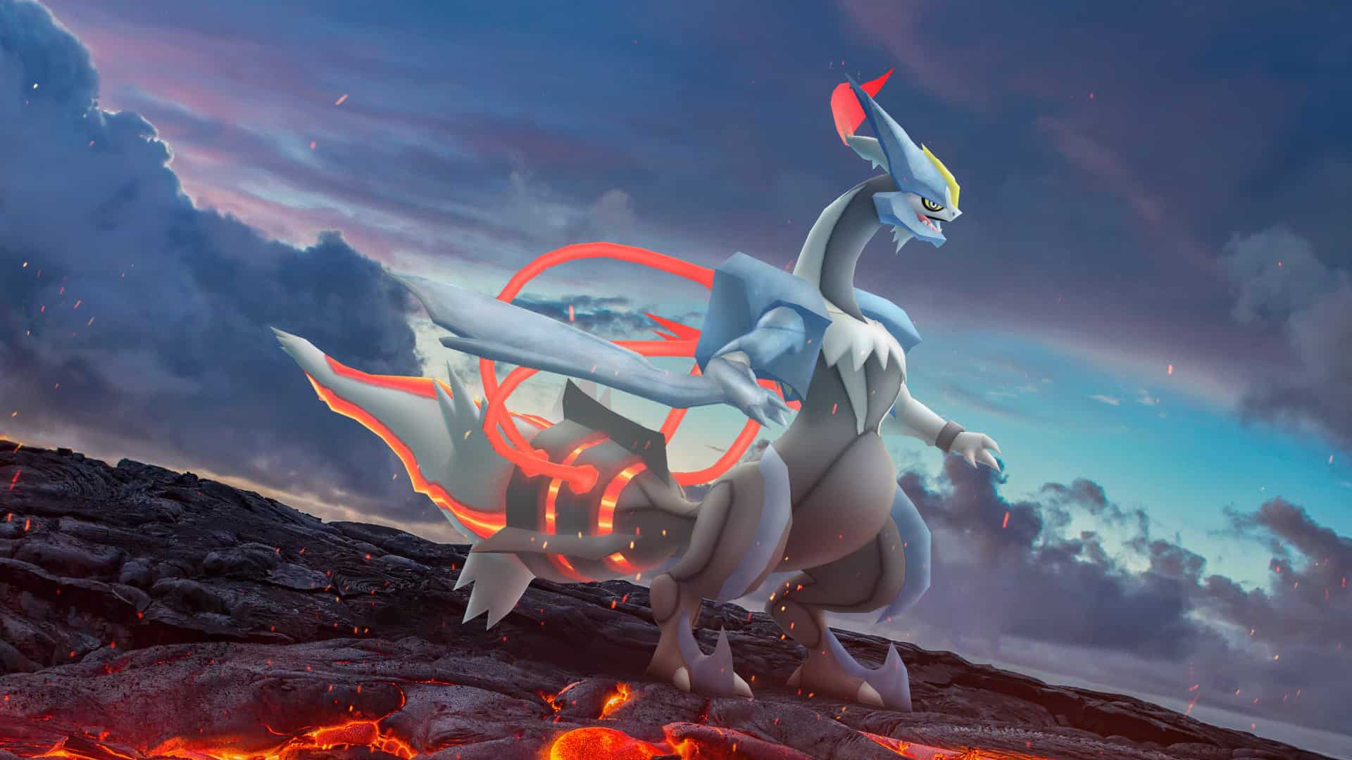 White Kyurem standing over a burned field of magma
