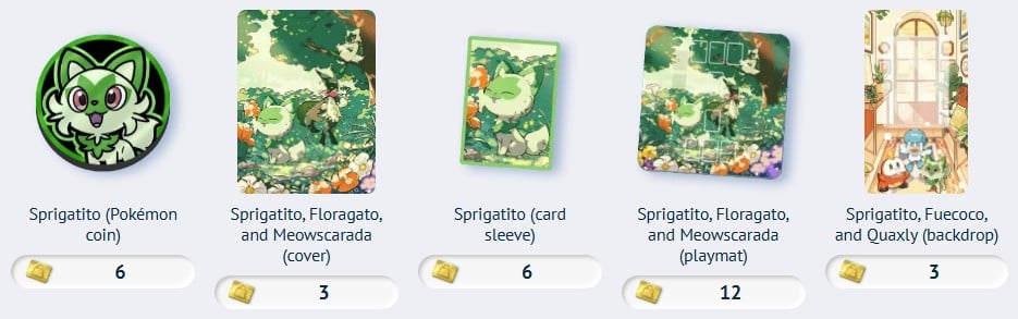 sprigatito, fuecoco and quaxly premium pass accessories from pokemon tcg pocket