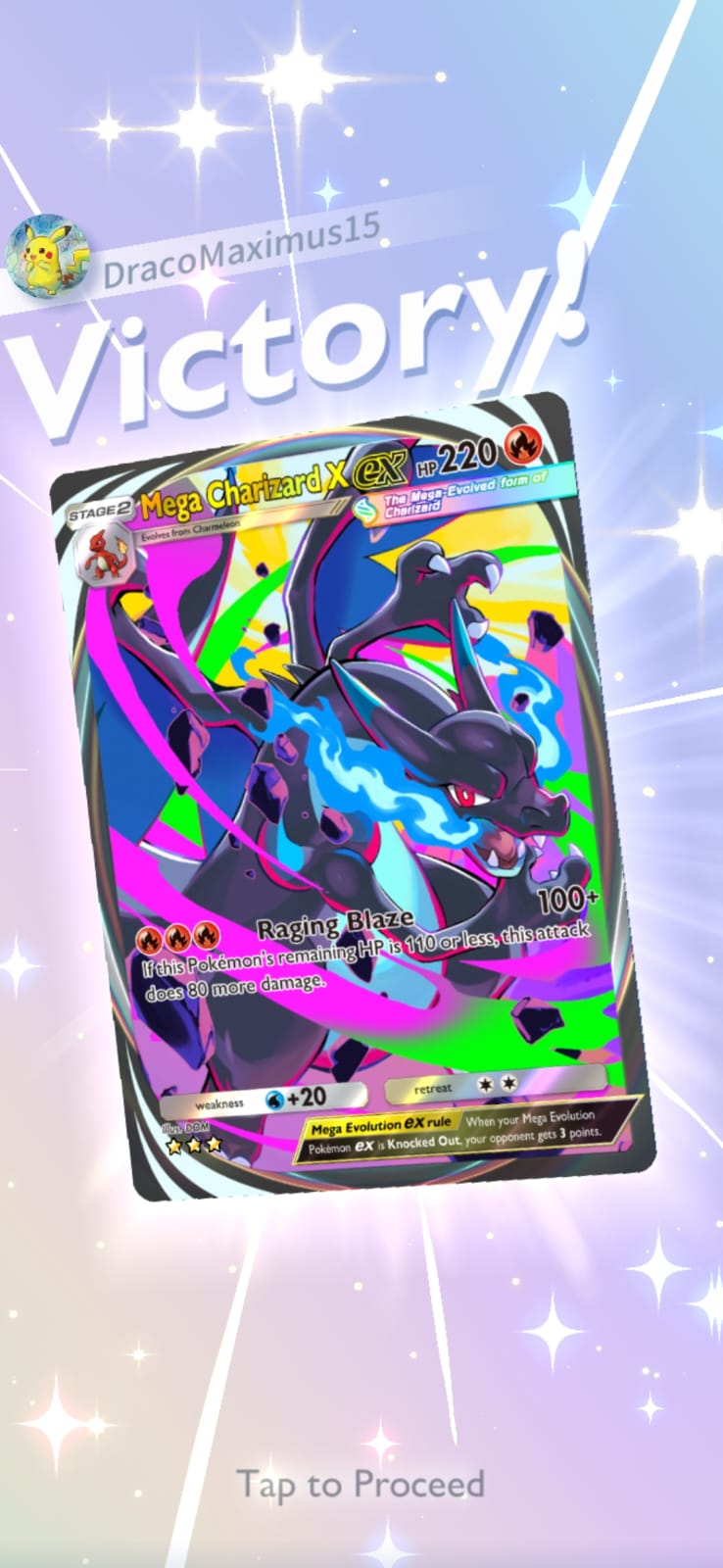 mega charizard x ex winning a battle in pokemon tcg pocket