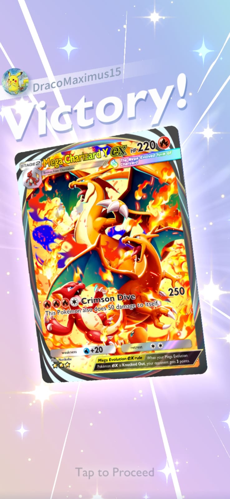 mega charizard y ex winning a battle in pokemon tcg pocket
