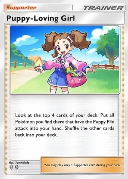puppy-loving girl supporter card from pokemon tcg pocket everyday wonders set