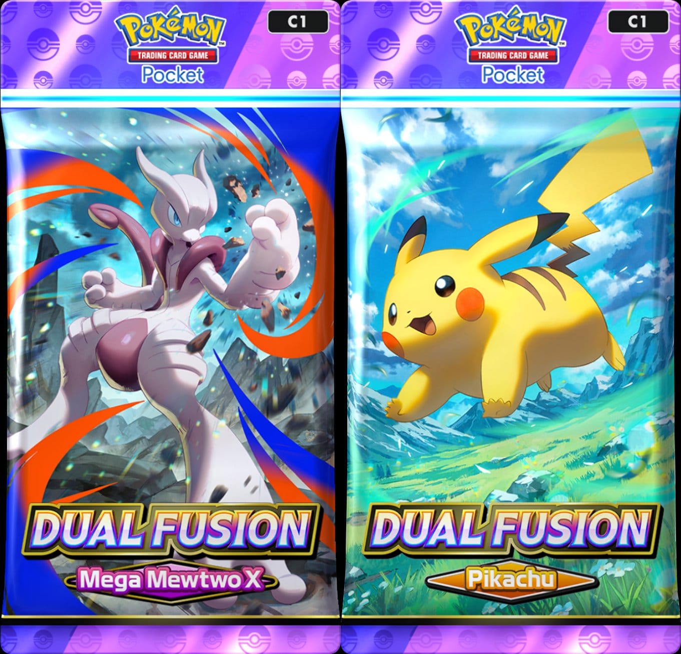pokemon tcg pocket dual fusion mega mewtwo x and pikachu packs